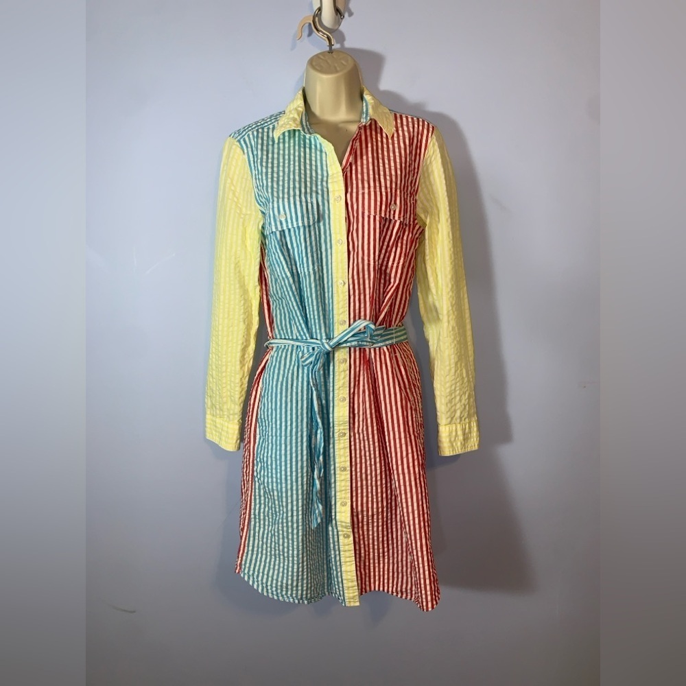 Lands' End Colorful primary Striped Long Sleeve shirt Dress seersucker small